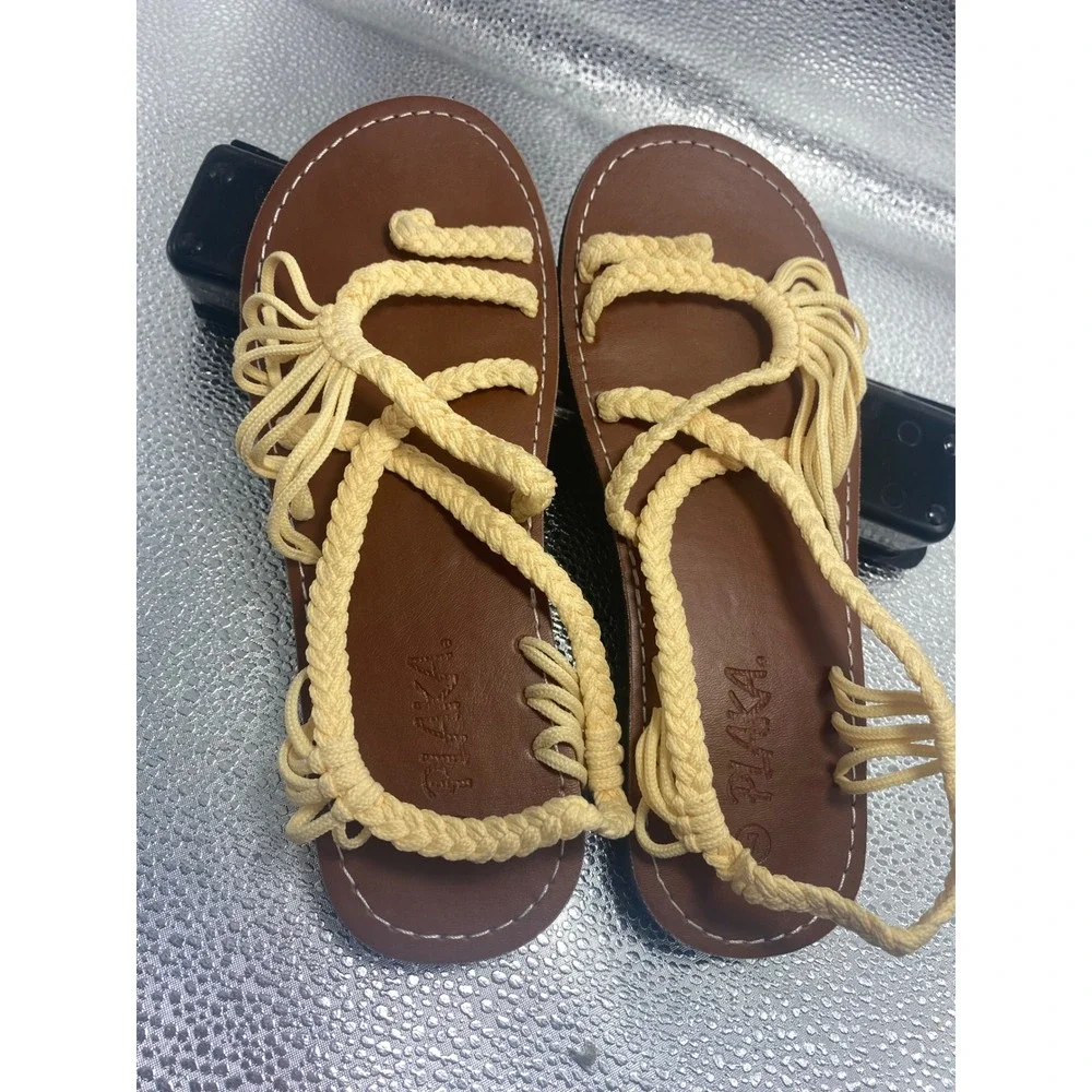 Plaka Palm Leaf Flat Sandals Cream Yellow Braided Rope Strappy Boho Womens 7